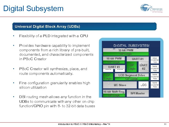 Digital Subsystem Universal Digital Block Array (UDBs) • Flexibility of a PLD integrated with