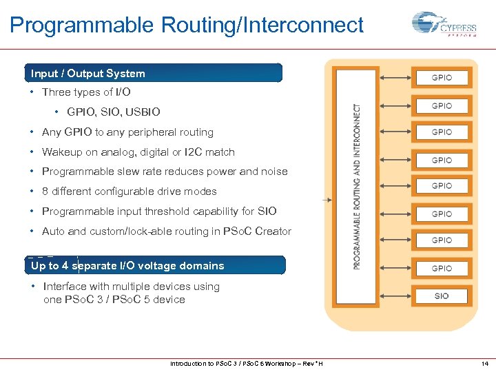 Programmable Routing/Interconnect Input / Output System • Three types of I/O • GPIO, SIO,