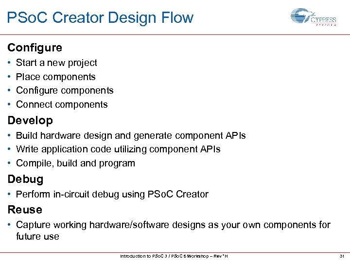 PSo. C Creator Design Flow Configure • • Start a new project Place components