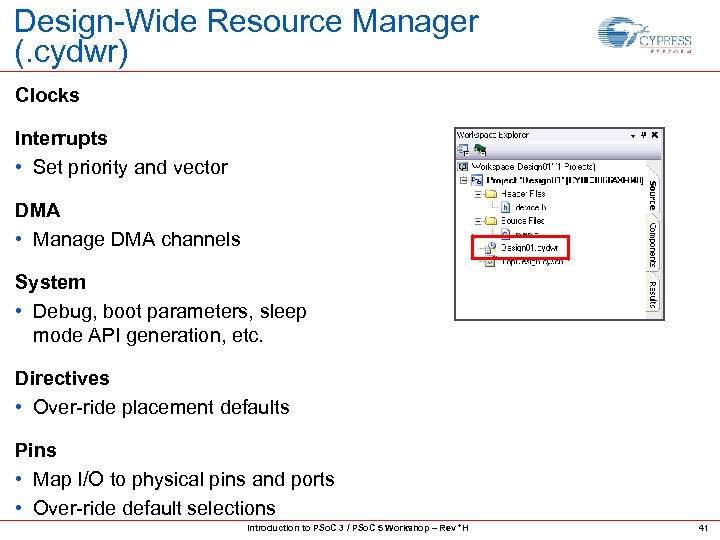 Design-Wide Resource Manager (. cydwr) Clocks Interrupts • Set priority and vector DMA •