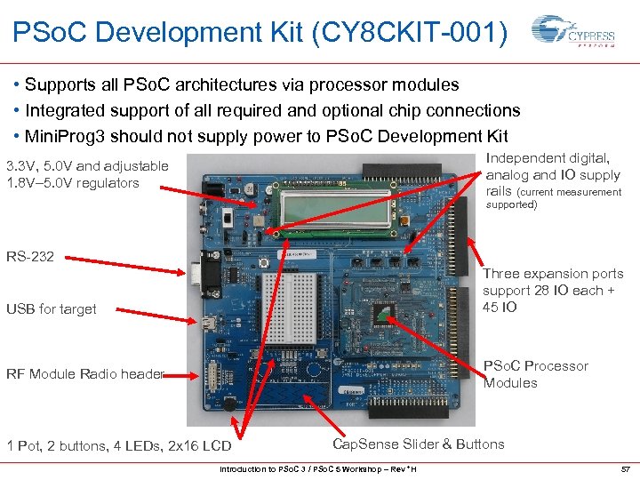 PSo. C Development Kit (CY 8 CKIT-001) • Supports all PSo. C architectures via