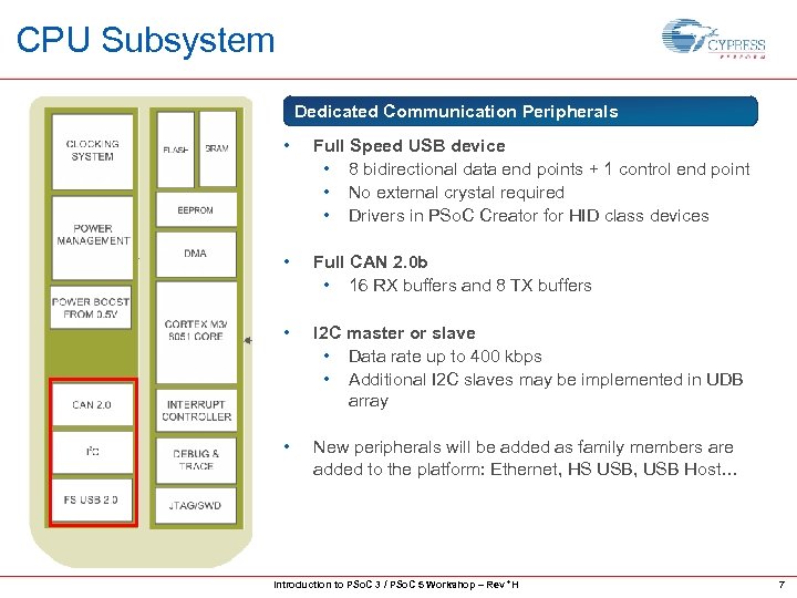 CPU Subsystem Dedicated Communication Peripherals • Full Speed USB device • 8 bidirectional data