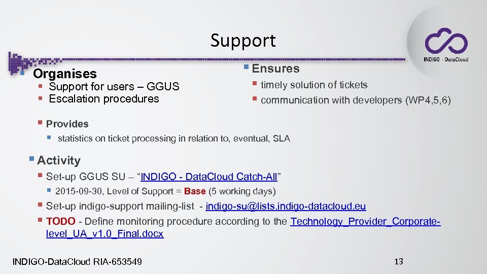 Support § Organises § Support for users – GGUS § Escalation procedures § Ensures