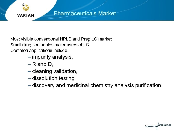 Pharmaceuticals Market Most visible conventional HPLC and Prep LC market Small drug companies major