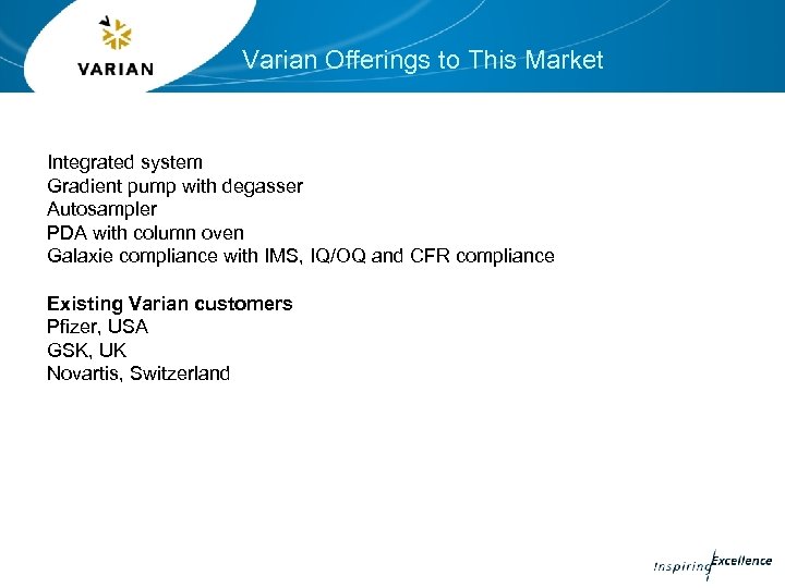 Varian Offerings to This Market Integrated system Gradient pump with degasser Autosampler PDA with