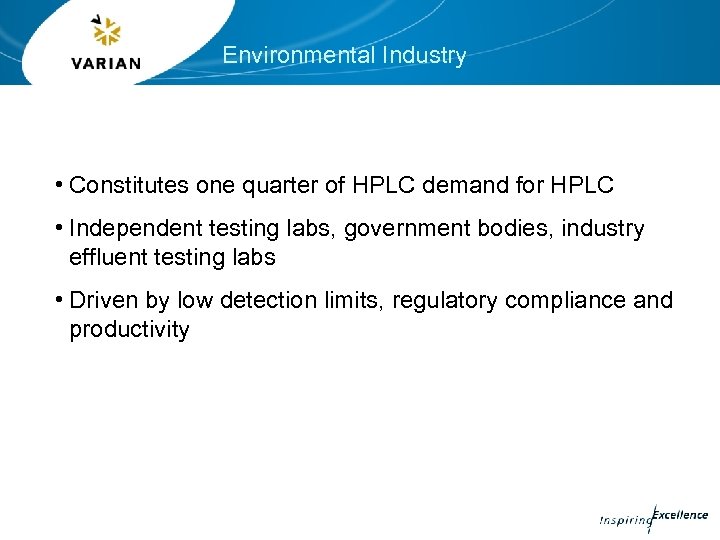 Environmental Industry • Constitutes one quarter of HPLC demand for HPLC • Independent testing