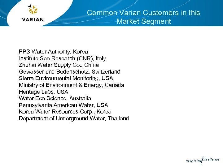 Common Varian Customers in this Market Segment PPS Water Authority, Korea Institute Sea Research