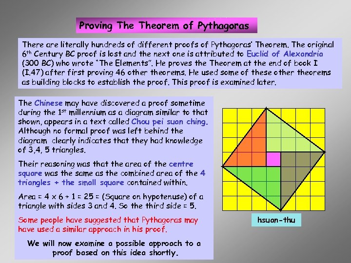 Proving Theorem of Pythagoras There are literally hundreds of different proofs of Pythagoras’ Theorem.