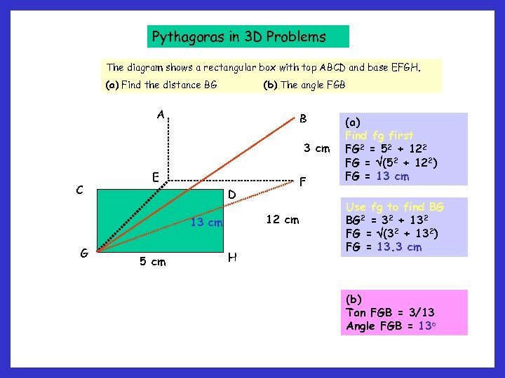 Pythagoras in 3 D Problems The diagram shows a rectangular box with top ABCD