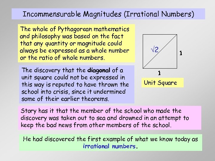 Incommensurable Magnitudes (Irrational Numbers) The whole of Pythagorean mathematics and philosophy was based on
