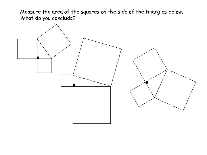 Measure the area of the squares on the side of the triangles below. What