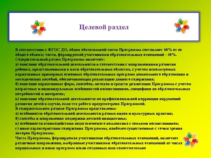 Целевой раздел В соответствии с ФГОС ДО, объем обязательной части Программы составляет 60% от