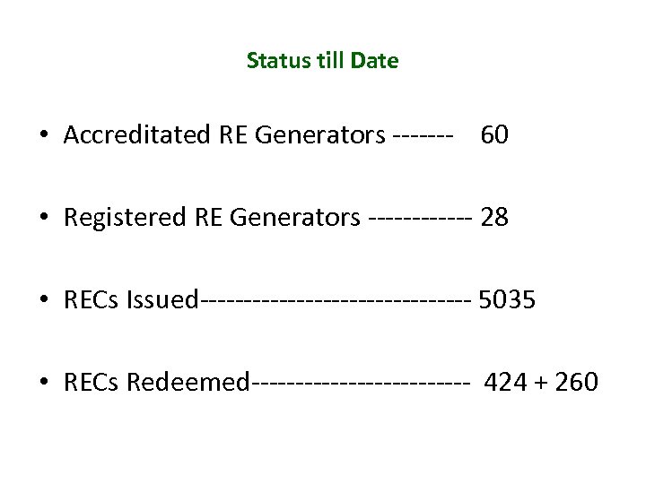 Status till Date • Accreditated RE Generators ------- 60 • Registered RE Generators ------