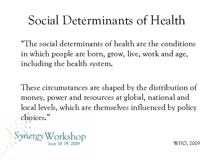 Social Determinants of Health “The social determinants of health are the conditions in which