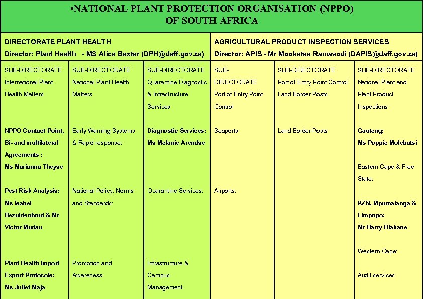  • NATIONAL PLANT PROTECTION ORGANISATION (NPPO) OF SOUTH AFRICA DIRECTORATE PLANT HEALTH AGRICULTURAL