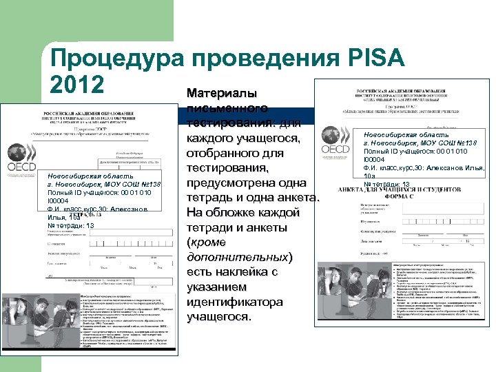 Процедура проведения PISA 2012 Материалы Новосибирская область г. Новосибирск, МОУ СОШ № 138 Полный