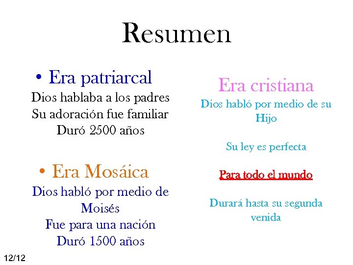 Resumen • Era patriarcal Dios hablaba a los padres Su adoración fue familiar Duró