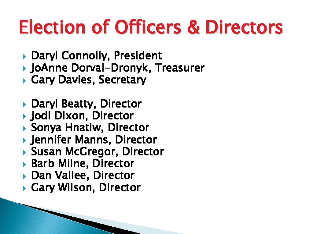 Election of Officers & Directors Daryl Connolly, President Jo. Anne Dorval-Dronyk, Treasurer Gary Davies,