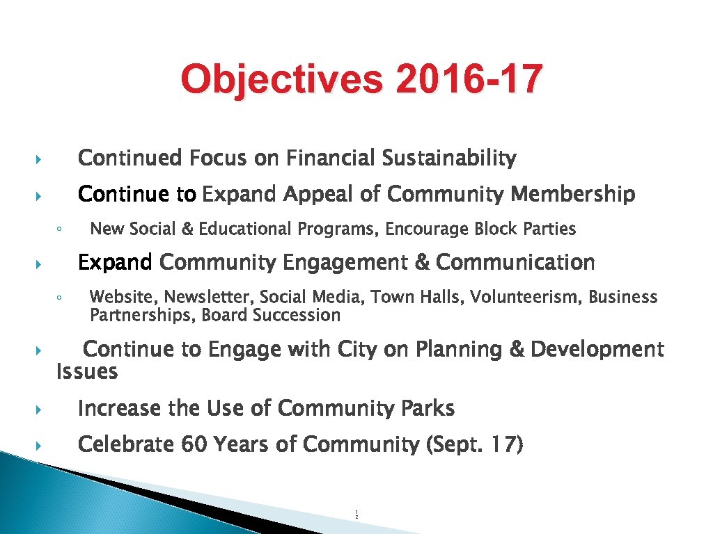 Objectives 2016 -17 Continued Focus on Financial Sustainability Continue to Expand Appeal of Community