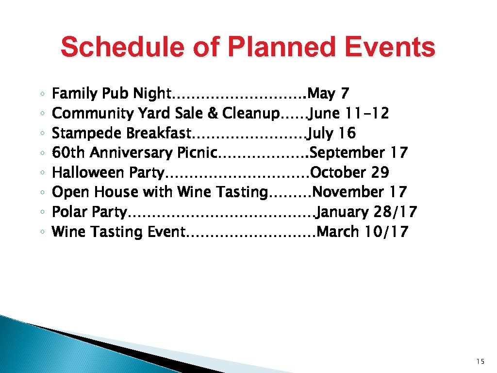 Schedule of Planned Events ◦ ◦ ◦ ◦ Family Pub Night……………. May 7 Community