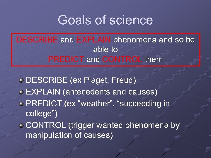 Goals of science DESCRIBE and EXPLAIN phenomena and so be able to PREDICT and