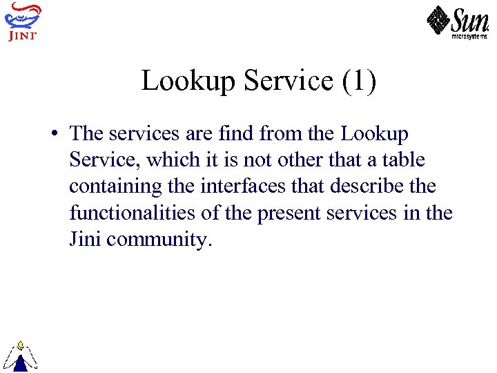 Lookup Service (1) • The services are find from the Lookup Service, which it