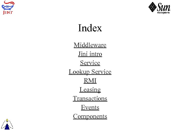 Index Middleware Jini intro Service Lookup Service RMI Leasing Transactions Events Components 