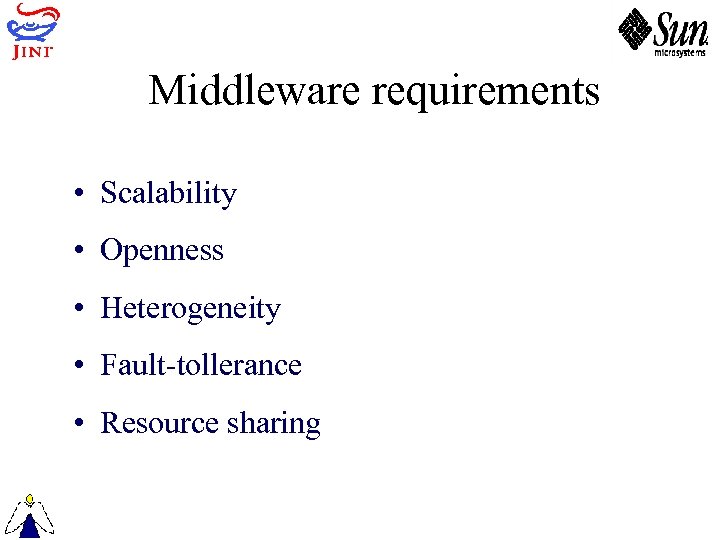 Middleware requirements • Scalability • Openness • Heterogeneity • Fault-tollerance • Resource sharing 