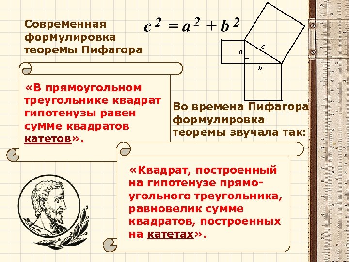 Современная формулировка теоремы Пифагора а c b «В прямоугольном треугольнике квадрат гипотенузы равен сумме