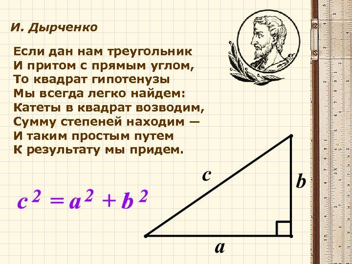 И. Дырченко Если дан нам треугольник И притом с прямым углом, То квадрат гипотенузы
