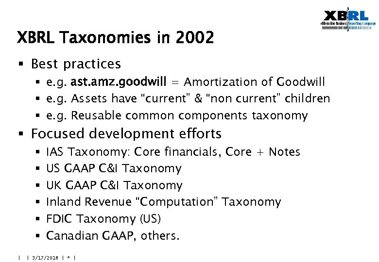 XBRL Taxonomies in 2002 § Best practices § e. g. ast. amz. goodwill =