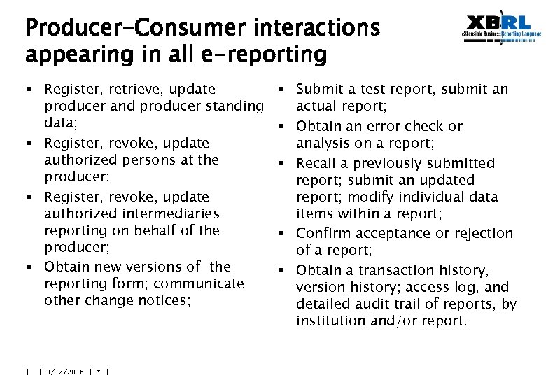 Producer-Consumer interactions appearing in all e-reporting § Register, retrieve, update producer and producer standing