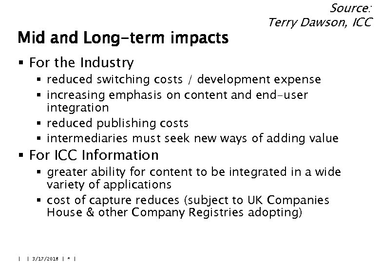 Mid and Long-term impacts Source: Terry Dawson, ICC § For the Industry § reduced