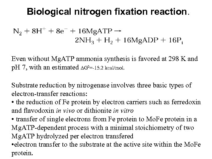 Biological nitrogen fixation reaction. Even without Mg. ATP ammonia synthesis is favored at 298