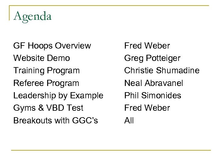 Agenda GF Hoops Overview Website Demo Training Program Referee Program Leadership by Example Gyms