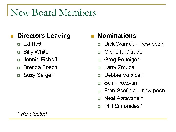 New Board Members n Directors Leaving q q q Ed Hott Billy White Jennie