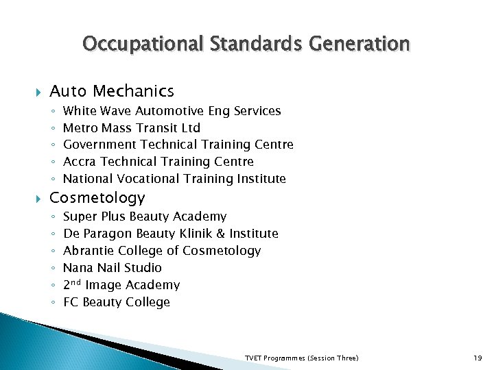 Occupational Standards Generation Auto Mechanics ◦ ◦ ◦ White Wave Automotive Eng Services Metro