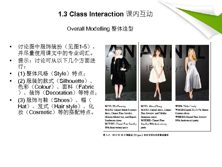 1. 3 Class Interaction 课内互动 Overall Modelling 整体造型 • • • 讨论图中服饰装扮（见图 1 -5），