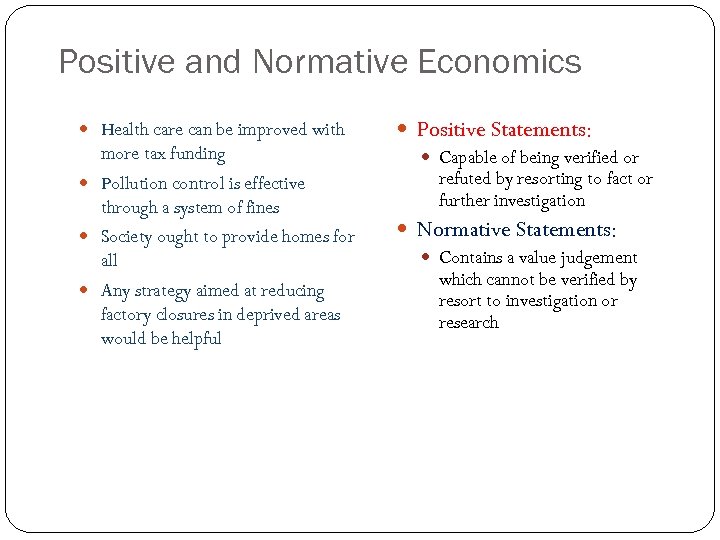 Positive and Normative Economics Health care can be improved with more tax funding Pollution