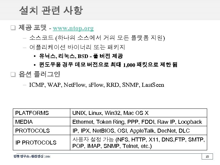 설치 관련 사항 q 제공 포맷 - www. ntop. org – 소스코드 (하나의 소스에서