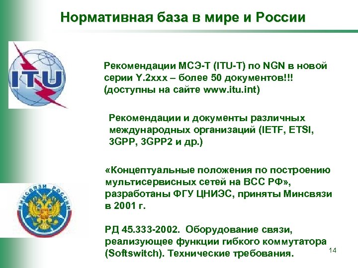 Нормативная база в мире и России Рекомендации МСЭ-Т (ITU-T) по NGN в новой серии