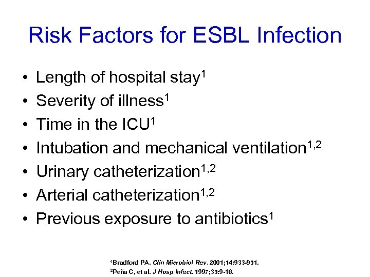 Risk Factors for ESBL Infection • • Length of hospital stay 1 Severity of