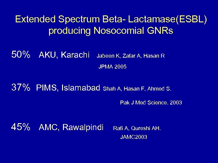 Extended Spectrum Beta- Lactamase(ESBL) producing Nosocomial GNRs 50% AKU, Karachi Jabeen K, Zafar A,