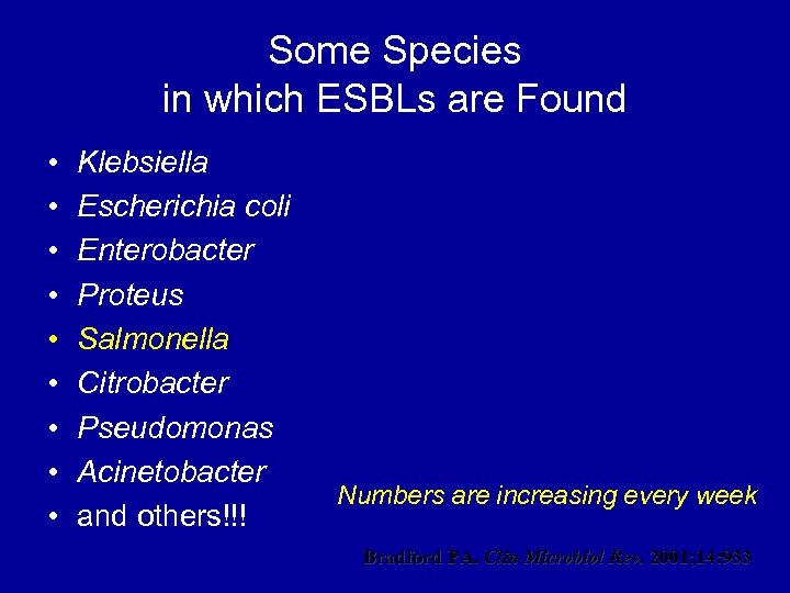 Some Species in which ESBLs are Found • • • Klebsiella Escherichia coli Enterobacter