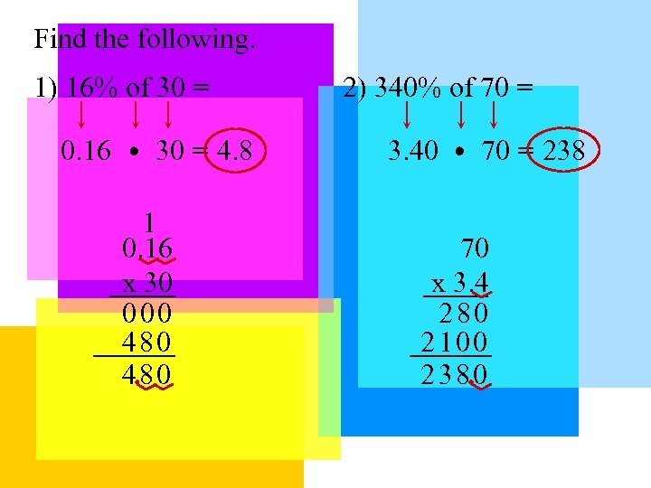 Find the following. 1) 16% of 30 = 0. 16 30 = 4. 8
