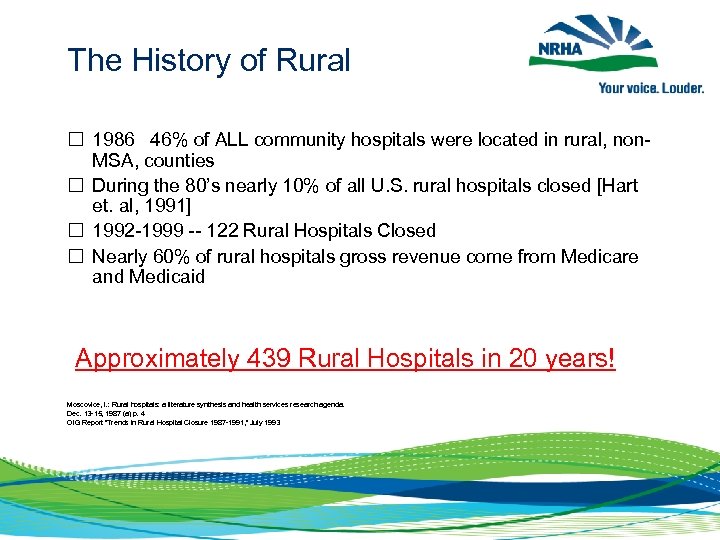 The History of Rural 1986 46% of ALL community hospitals were located in rural,