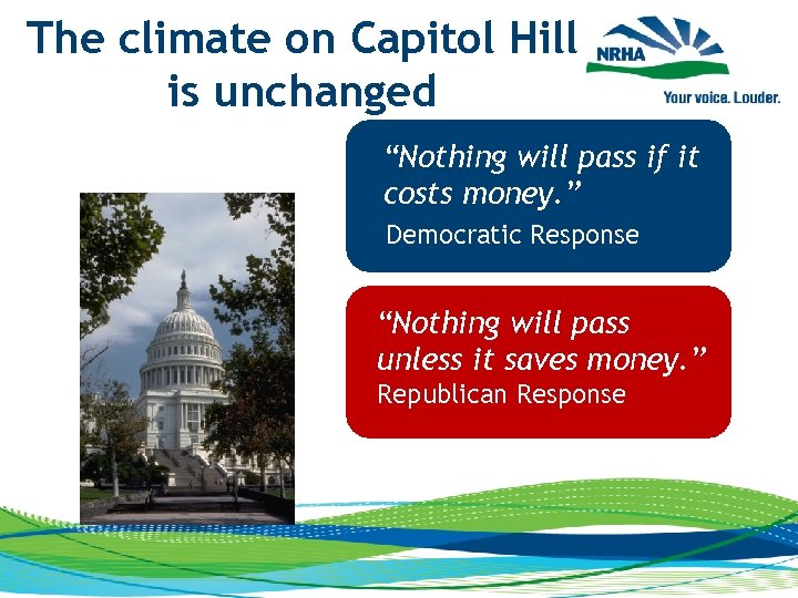 The climate on Capitol Hill is unchanged “Nothing will pass if it costs money.