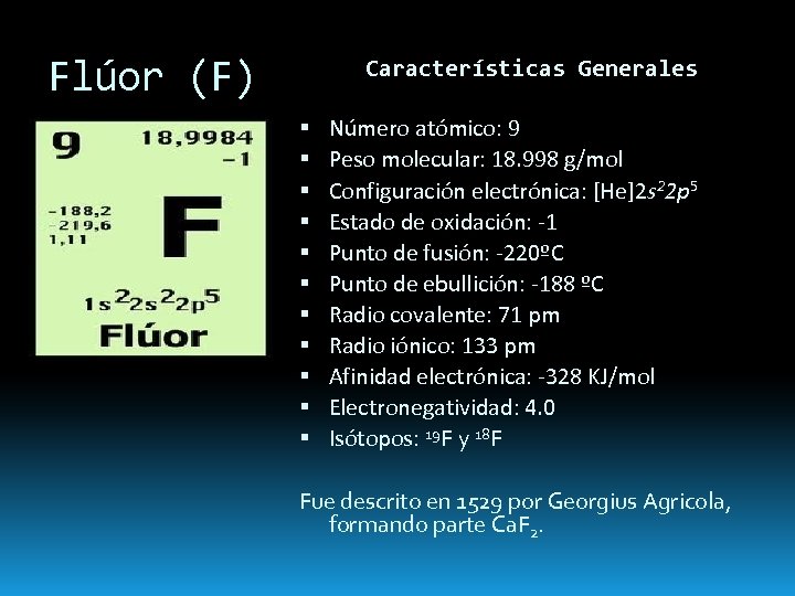 Flúor (F) Características Generales Número atómico: 9 Peso molecular: 18. 998 g/mol Configuración electrónica: