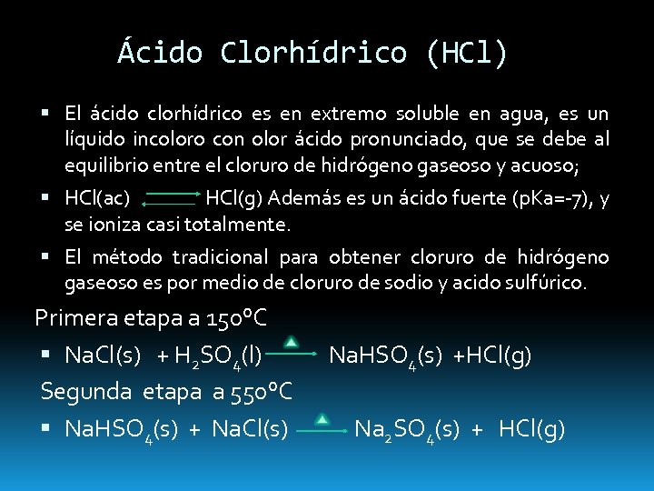 Ácido Clorhídrico (HCl) El ácido clorhídrico es en extremo soluble en agua, es un