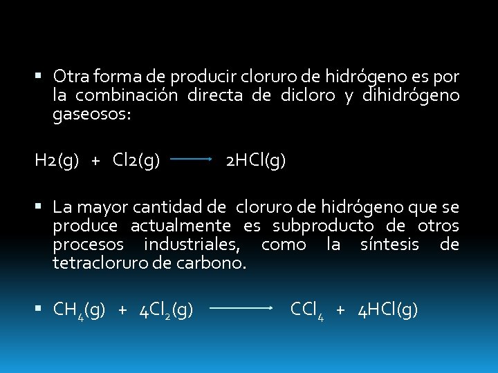  Otra forma de producir cloruro de hidrógeno es por la combinación directa de